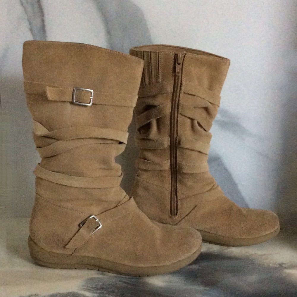 Beige Suede Side Zip Boots with Straps & Buckles - Picture 6 of 13